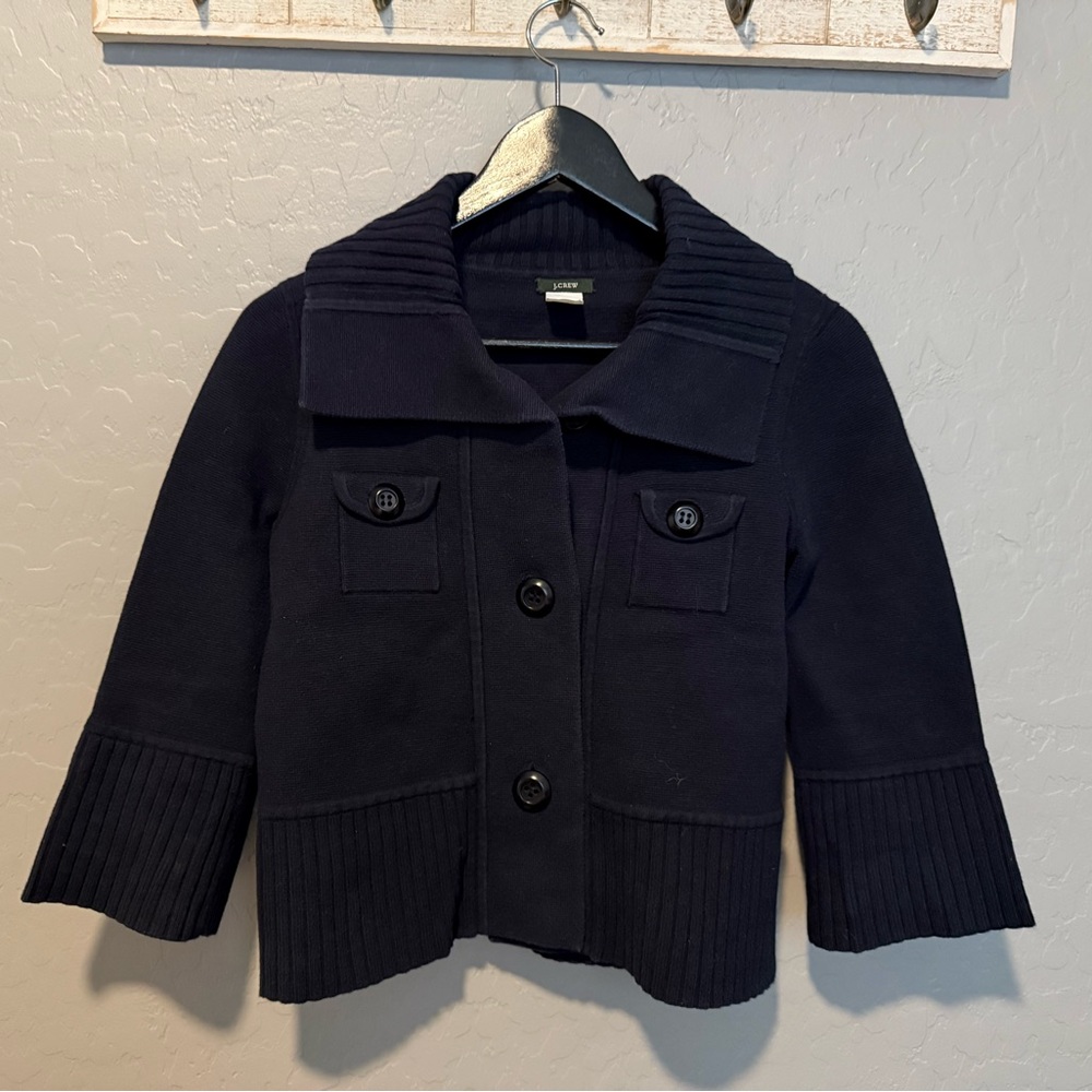 J.CREW  Navy Blue Military Pocket Crop Cardigan Three Quarter Sleeve Sweater